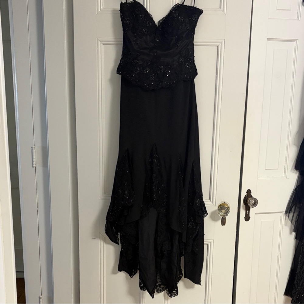 Mon Cheri Black Beaded High-Low Evening Gown